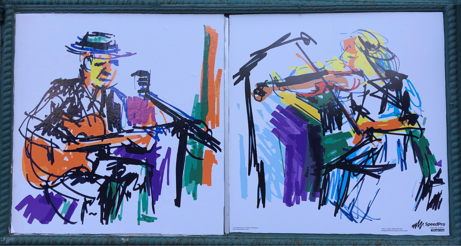 Colorful painted musician illustrations on a window in the Chicago Loop